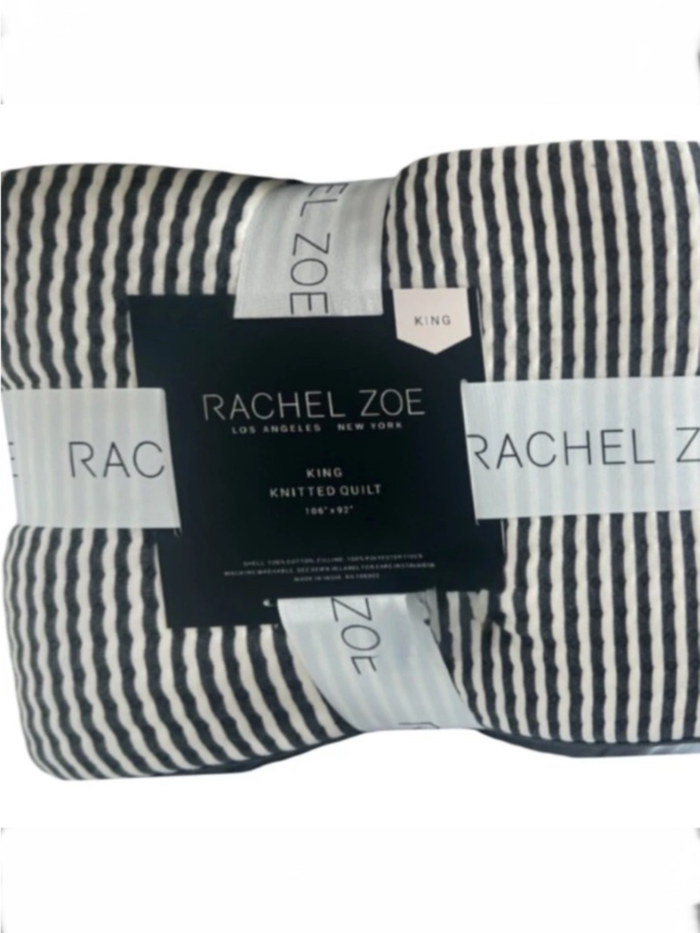 Rachel Zoe Blue and White Striped Cotton Knitted King Quilt 106”x92”